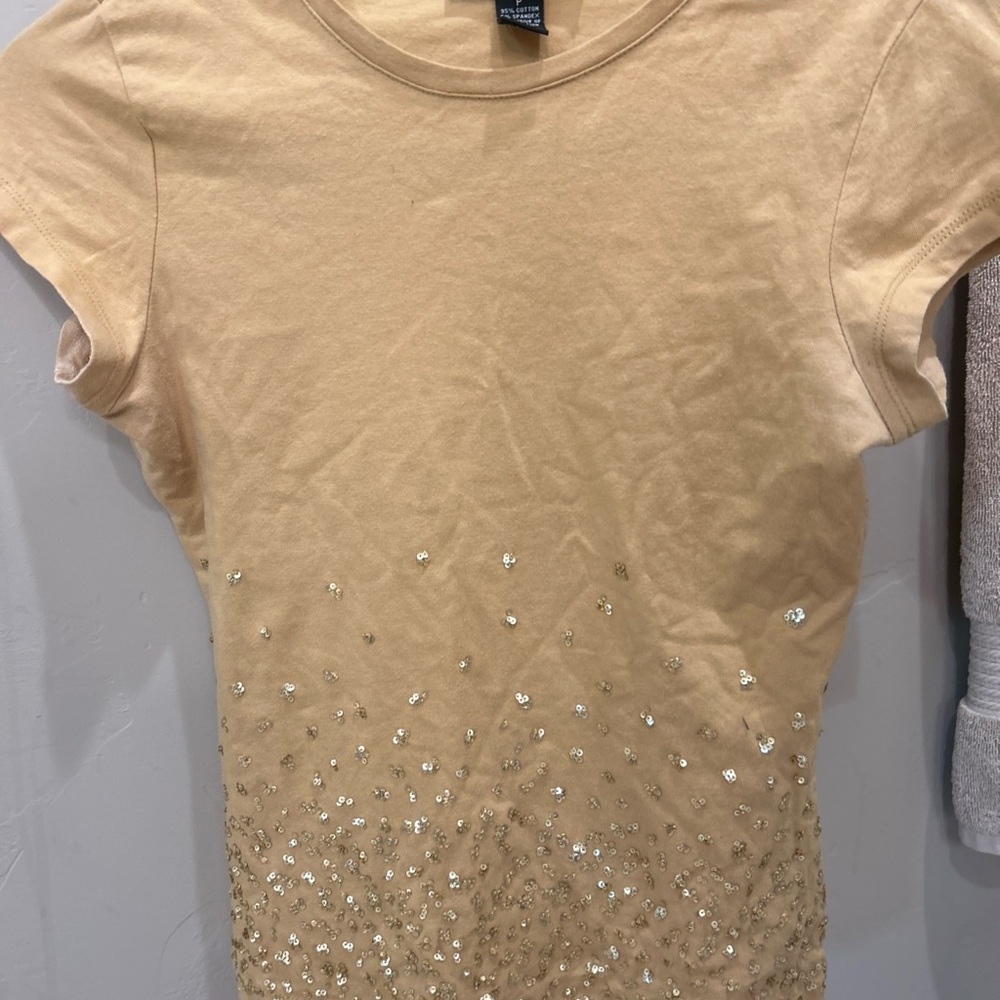INC International Concepts Cream Gold Embellished Cap Sleeve Tee